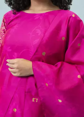 Floral printed cotton silk round neck kurta trouser & dupatta set 3