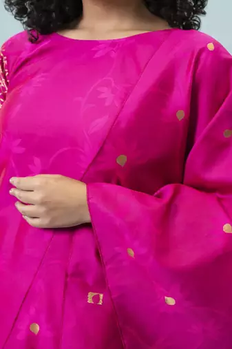 Floral printed cotton silk round neck kurta trouser & dupatta set