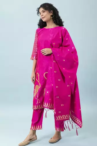Floral printed cotton silk round neck kurta trouser & dupatta set
