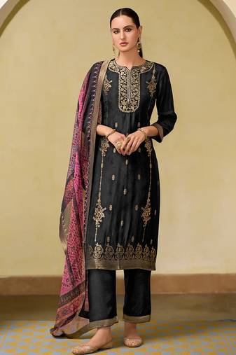 Floral embroidered silk blend round neck kurta trouser & dupatta set