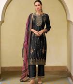 Floral embroidered silk blend round neck kurta trouser & dupatta set