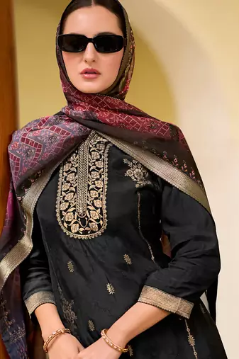 Floral embroidered silk blend round neck kurta trouser & dupatta set