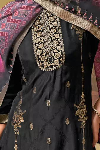 Floral embroidered silk blend round neck kurta trouser & dupatta set