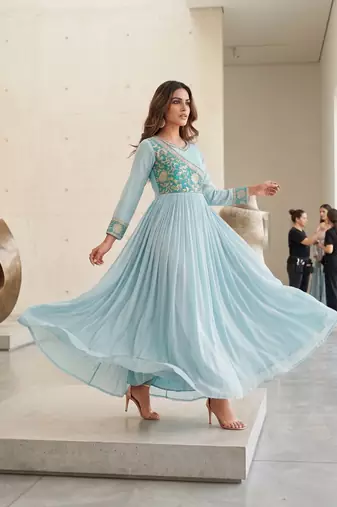 Sky blue color fancy gown in chinon with bandhani print and embroidery work