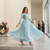 Sky blue color fancy gown in chinon with bandhani print and embroidery work