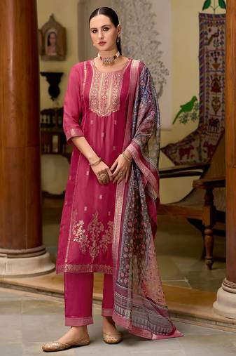 Floral embroidered silk blend round neck kurta trouser & dupatta set