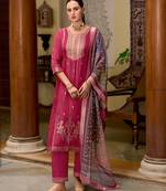 Floral embroidered silk blend round neck kurta trouser & dupatta set