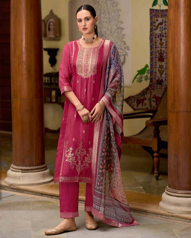 Floral embroidered silk blend round neck kurta trouser & dupatta set