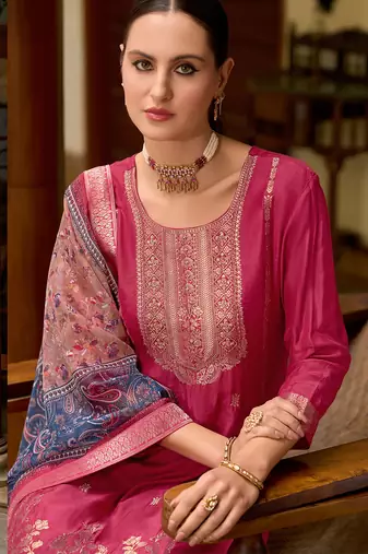 Floral embroidered silk blend round neck kurta trouser & dupatta set