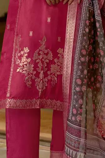 Floral embroidered silk blend round neck kurta trouser & dupatta set