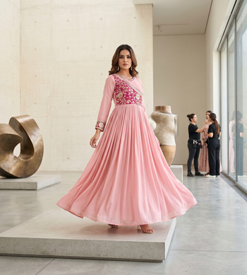 Pink color fancy gown in chinon with bandhani print and embroidery work 1
