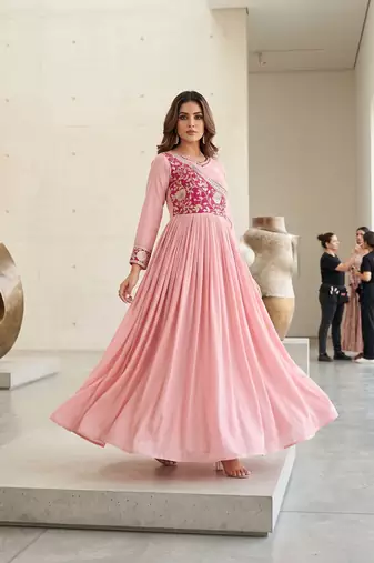 Pink color fancy gown in chinon with bandhani print and embroidery work