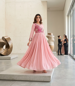 Pink color fancy gown in chinon with bandhani print and embroidery work