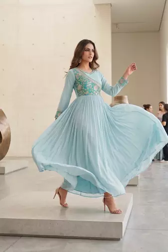 Sky blue color fancy gown in chinon with bandhani print and embroidery work