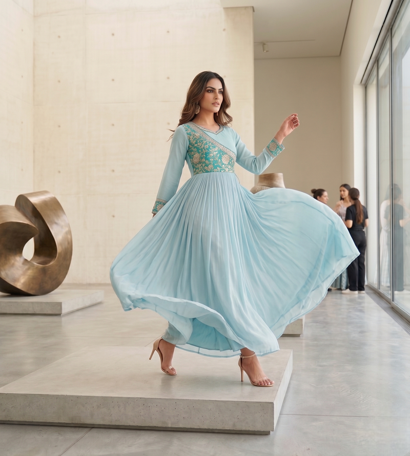 Sky blue color fancy gown in chinon with bandhani print and embroidery work
