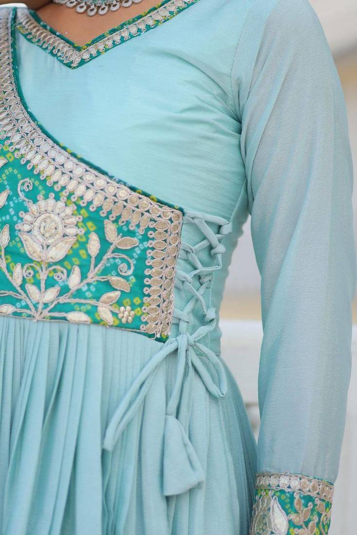 Sky blue color fancy gown in chinon with bandhani print and embroidery work