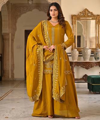 Mustard yellow embroidered kurta palazzo set with dupatta for women 1