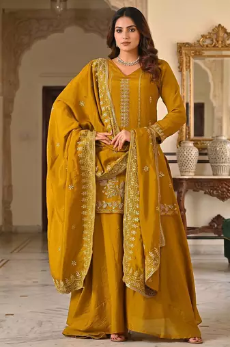 Mustard yellow embroidered kurta palazzo set with dupatta for women