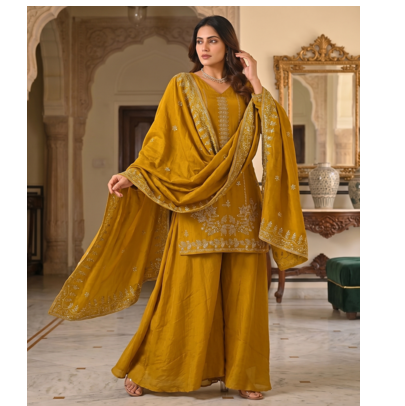 Mustard yellow embroidered kurta palazzo set with dupatta for women 2