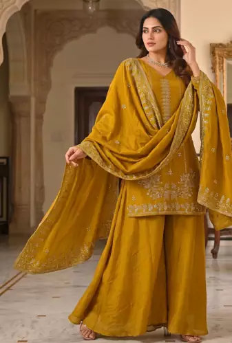 Mustard yellow embroidered kurta palazzo set with dupatta for women