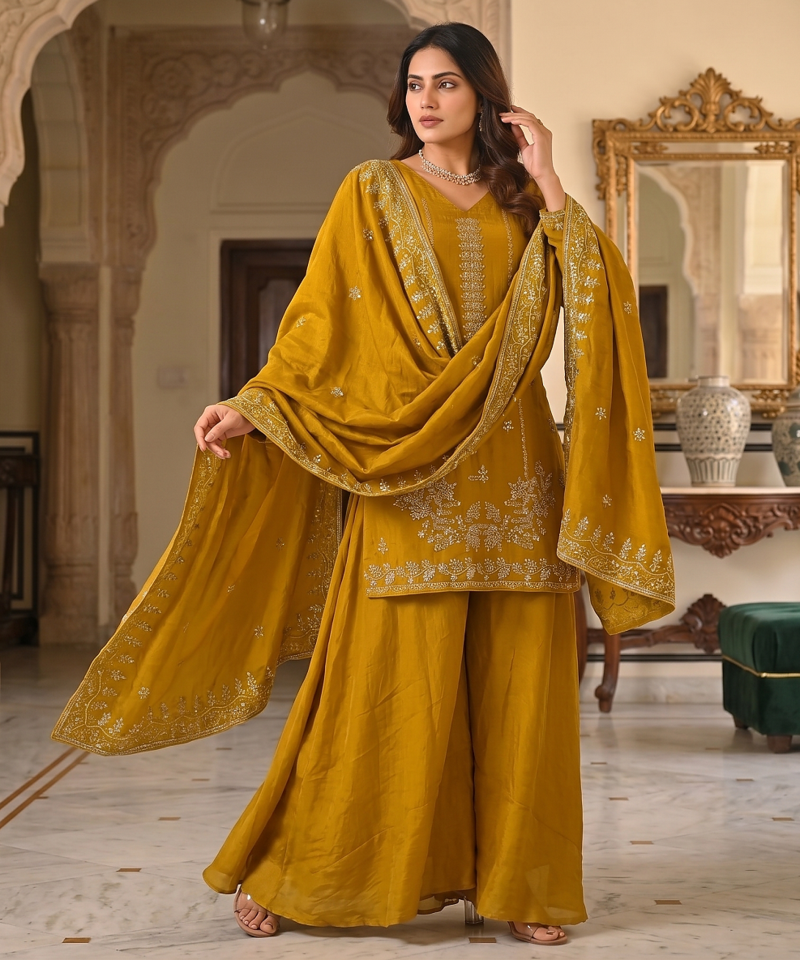 Mustard yellow embroidered kurta palazzo set with dupatta for women