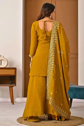 Mustard yellow embroidered kurta palazzo set with dupatta for women