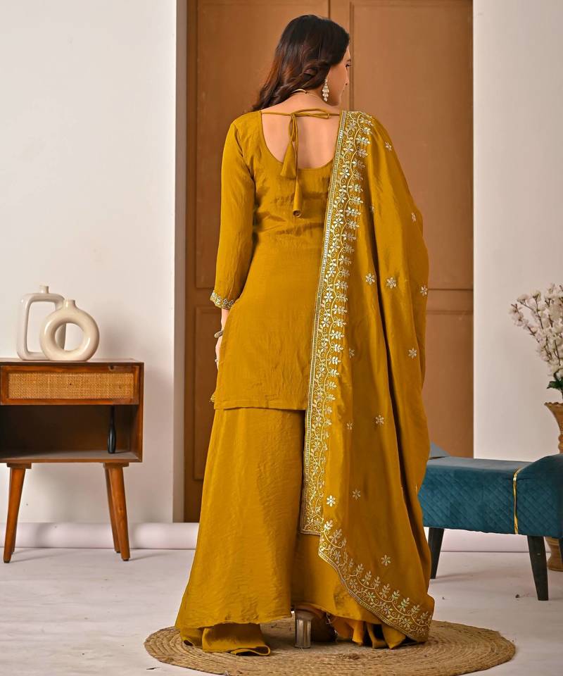 Mustard yellow embroidered kurta palazzo set with dupatta for women