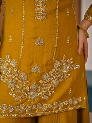 Mustard yellow embroidered kurta palazzo set with dupatta for women 4