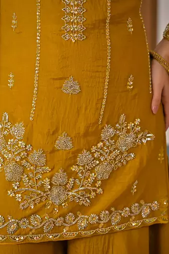 Mustard yellow embroidered kurta palazzo set with dupatta for women