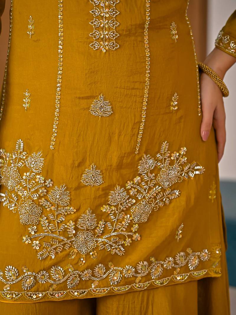 Mustard yellow embroidered kurta palazzo set with dupatta for women