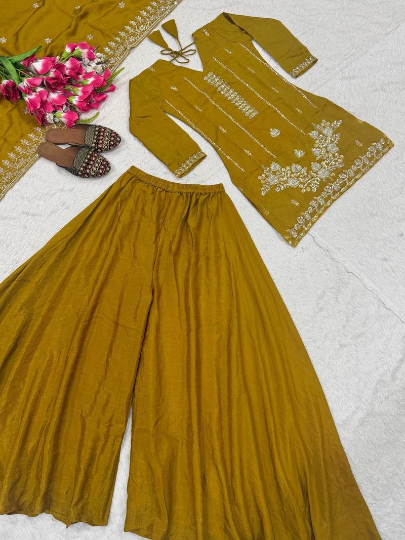 Mustard yellow embroidered kurta palazzo set with dupatta for women