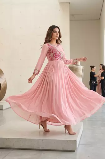 Pink color fancy gown in chinon with bandhani print and embroidery work