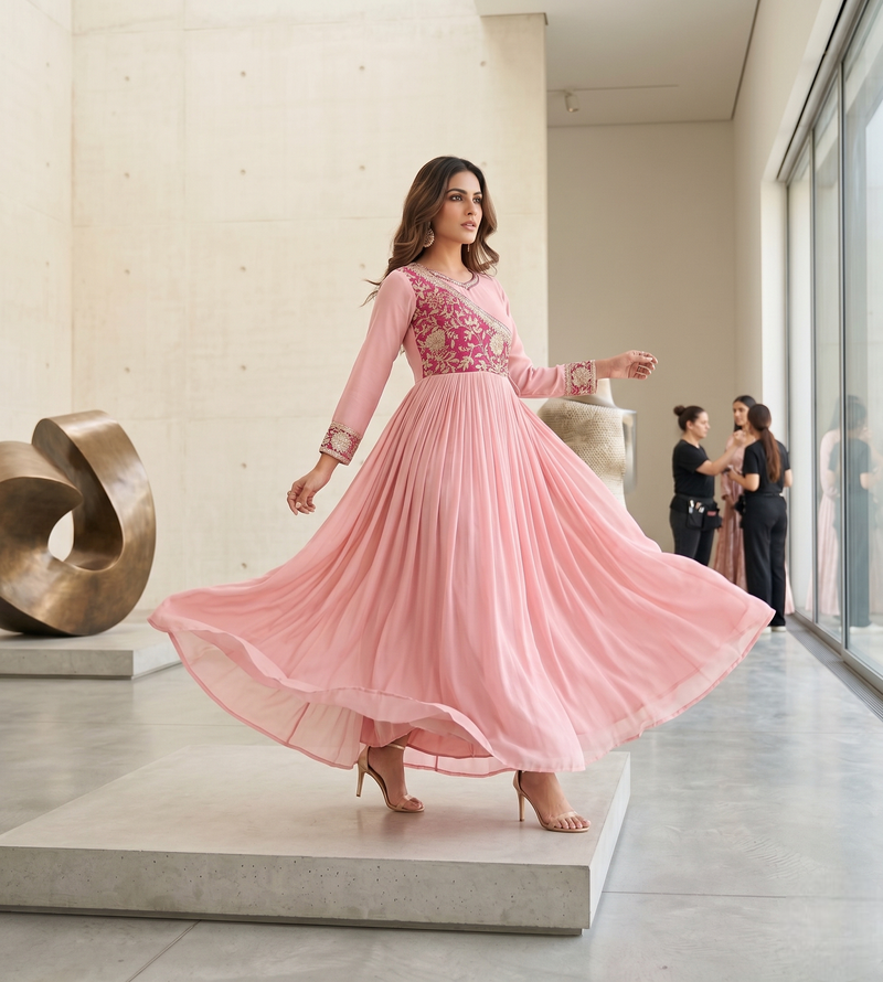Pink color fancy gown in chinon with bandhani print and embroidery work