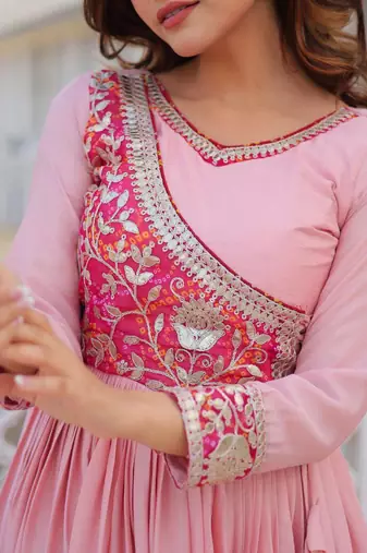 Pink color fancy gown in chinon with bandhani print and embroidery work