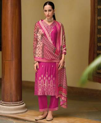 Floral embroidered silk blend v neck kurta trouser & dupatta set 1