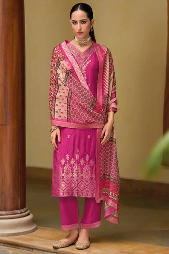 Floral embroidered silk blend v neck kurta trouser & dupatta set