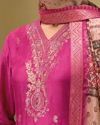 Floral embroidered silk blend v neck kurta trouser & dupatta set 3