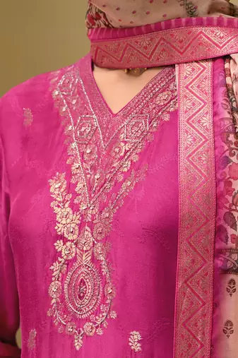 Floral embroidered silk blend v neck kurta trouser & dupatta set