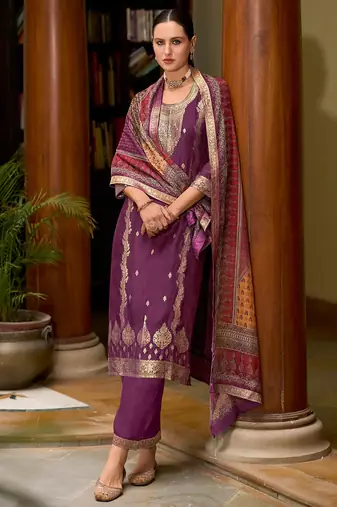 Floral embroidered silk blend round neck kurta trouser & dupatta set