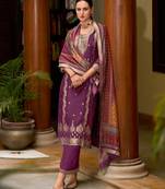 Floral embroidered silk blend round neck kurta trouser & dupatta set