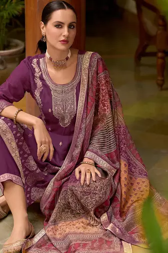 Floral embroidered silk blend round neck kurta trouser & dupatta set