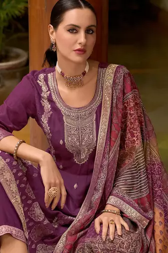 Floral embroidered silk blend round neck kurta trouser & dupatta set