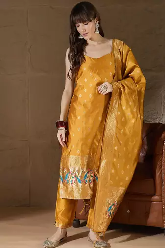 Floral printed silk blend round neck kurta trouser & dupatta set