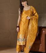 Floral printed silk blend round neck kurta trouser & dupatta set