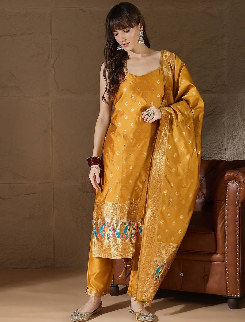 Floral printed silk blend round neck kurta trouser & dupatta set