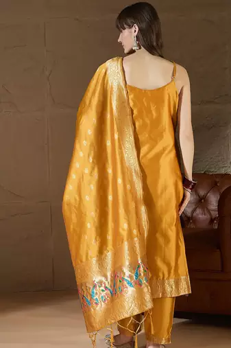 Floral printed silk blend round neck kurta trouser & dupatta set