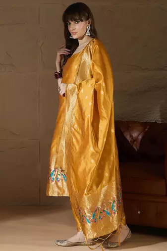 Floral printed silk blend round neck kurta trouser & dupatta set
