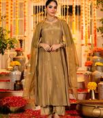Women's Gorgeous Embroidery Work Simmar Chanderi Sik Fabric Flared Anarkali Pant and Dupatta Set