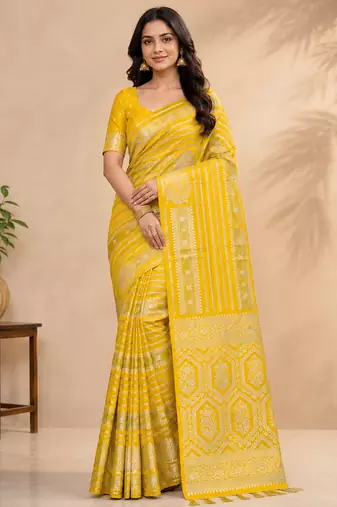 yellow jaqurad dubbling zari and beautiful peacock butti with lining design georgette saree
