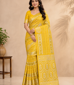 yellow jaqurad dubbling zari and beautiful peacock butti with lining design georgette saree